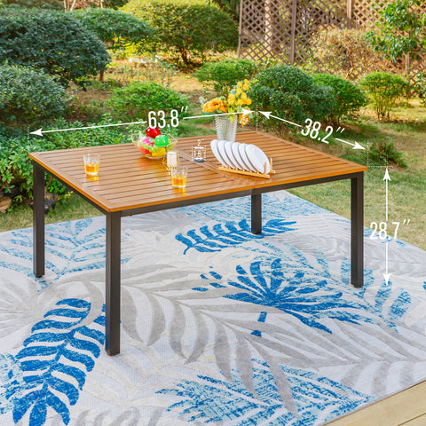 7-Piece Large Teak-grain Table & Rattan-steel Cushion Fixed Chairs Patio Dining Sets