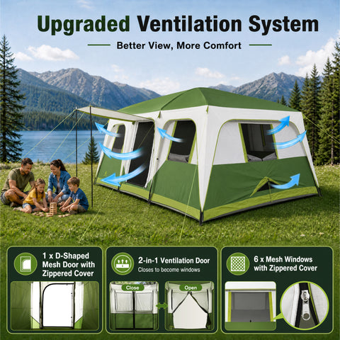 12 Person Camping Tent 16x11FT All-Weather Large Family Cabin Tent with 3 Rooms and 6 Mesh Windows