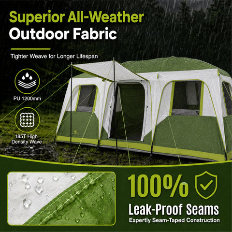 12 Person Camping Tent 16x11FT All-Weather Large Family Cabin Tent with 3 Rooms and 6 Mesh Windows