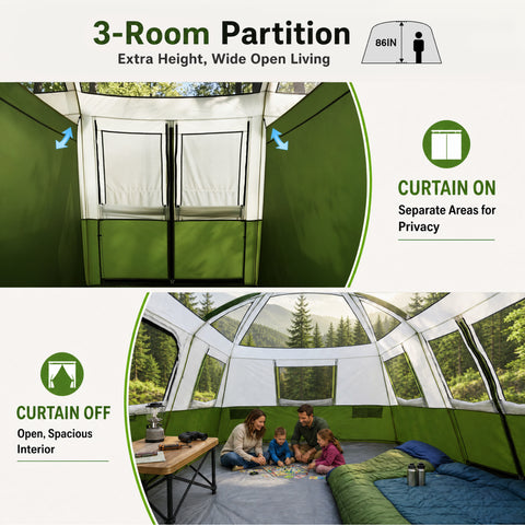 12 Person Camping Tent 16x11FT All-Weather Large Family Cabin Tent with 3 Rooms and 6 Mesh Windows
