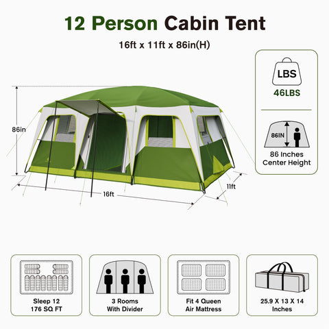 12 Person Camping Tent 16x11FT All-Weather Large Family Cabin Tent with 3 Rooms and 6 Mesh Windows
