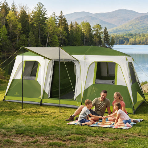 12 Person Camping Tent 16x11FT All-Weather Large Family Cabin Tent with 3 Rooms and 6 Mesh Windows