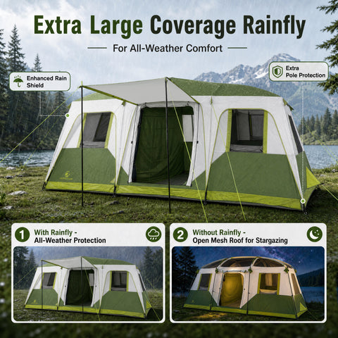 12 Person Camping Tent 16x11FT All-Weather Large Family Cabin Tent with 3 Rooms and 6 Mesh Windows
