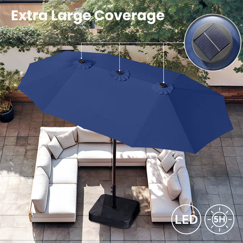 15ft Extra Large Double-Sided Patio Umbrella with Solar Powered LED Lights (Base Included)