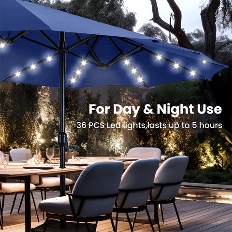 15ft Extra Large Double-Sided Patio Umbrella with Solar Powered LED Lights (Base Included)