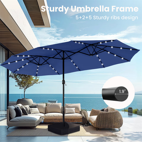 15ft Extra Large Double-Sided Patio Umbrella with Solar Powered LED Lights (Base Included)
