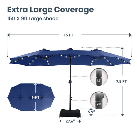 15ft Extra Large Double-Sided Patio Umbrella with Solar Powered LED Lights (Base Included)