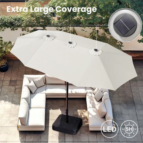 15ft Extra Large Double-Sided Patio Umbrella with Solar Powered LED Lights (Base Included)