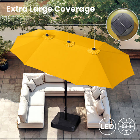 15ft Extra Large Double-Sided Patio Umbrella with Solar Powered LED Lights (Base Included)