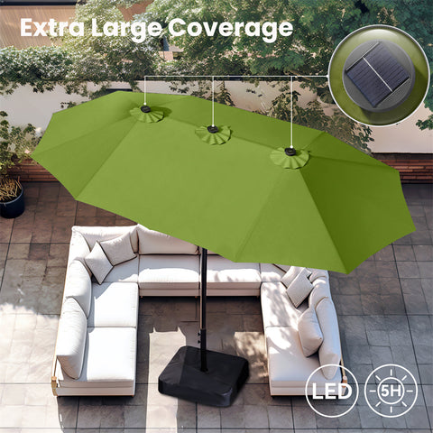 15ft Extra Large Double-Sided Patio Umbrella with Solar Powered LED Lights (Base Included)
