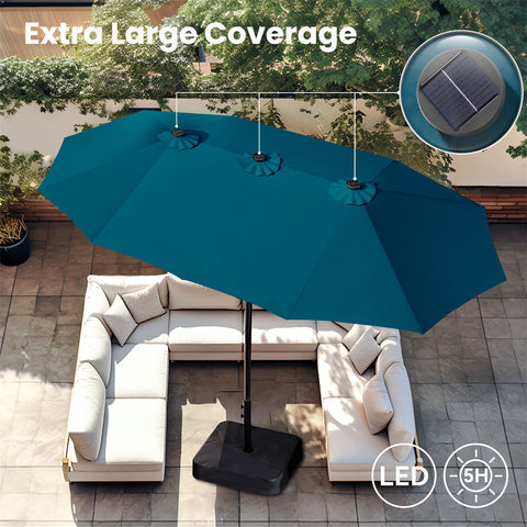 15ft Extra Large Double-Sided Patio Umbrella with Solar Powered LED Lights (Base Included)
