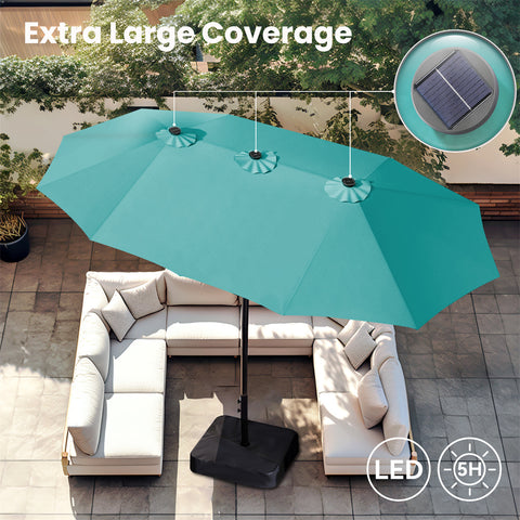 15ft Extra Large Double-Sided Patio Umbrella with Solar Powered LED Lights (Base Included)