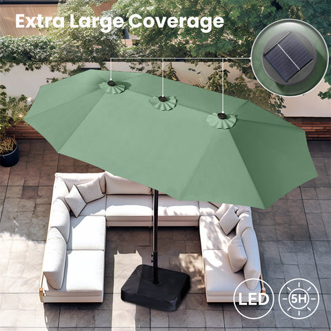 15ft Extra Large Double-Sided Patio Umbrella with Solar Powered LED Lights (Base Included)