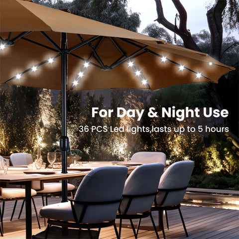 15ft Extra Large Double-Sided Patio Umbrella with Solar Powered LED Lights (Base Included)