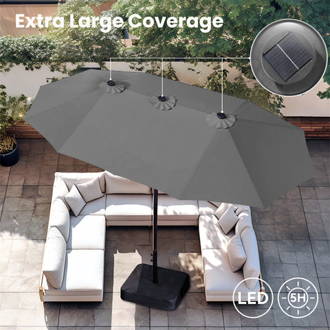 15ft Extra Large Double-Sided Patio Umbrella with Solar Powered LED Lights (Base Included)