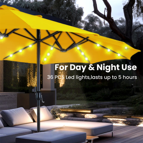 15ft Extra Large Double-Sided Patio Umbrella with Solar Powered LED Lights (Base Included)