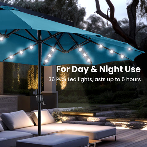15ft Extra Large Double-Sided Patio Umbrella with Solar Powered LED Lights (Base Included)