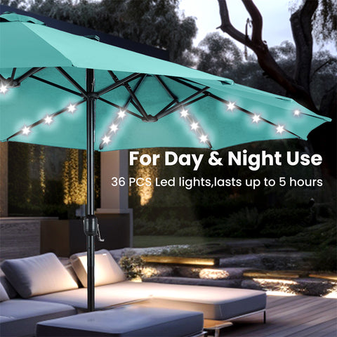 15ft Extra Large Double-Sided Patio Umbrella with Solar Powered LED Lights (Base Included)
