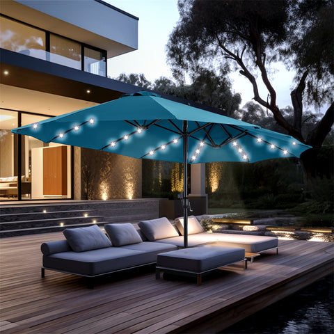 15ft Extra Large Double-Sided Patio Umbrella with Solar Powered LED Lights (Base Included)
