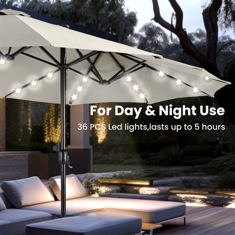 15ft Extra Large Double-Sided Patio Umbrella with Solar Powered LED Lights (Base Included)