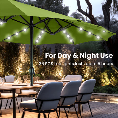 15ft Extra Large Double-Sided Patio Umbrella with Solar Powered LED Lights (Base Included)