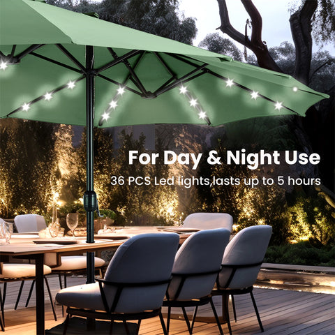 15ft Extra Large Double-Sided Patio Umbrella with Solar Powered LED Lights (Base Included)