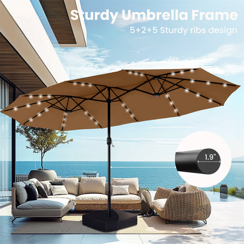15ft Extra Large Double-Sided Patio Umbrella with Solar Powered LED Lights (Base Included)