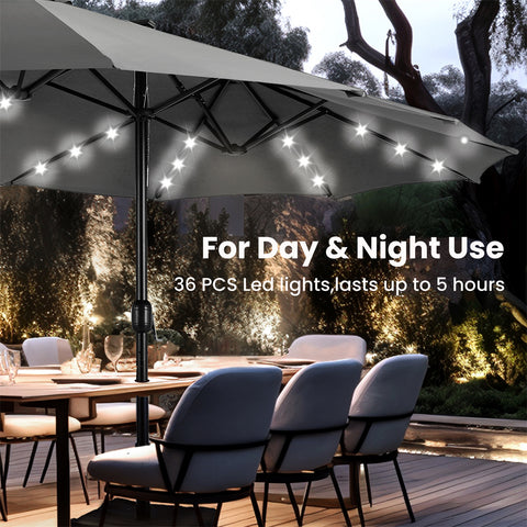 15ft Extra Large Double-Sided Patio Umbrella with Solar Powered LED Lights (Base Included)