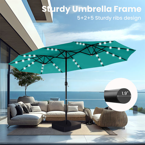 15ft Extra Large Double-Sided Patio Umbrella with Solar Powered LED Lights (Base Included)