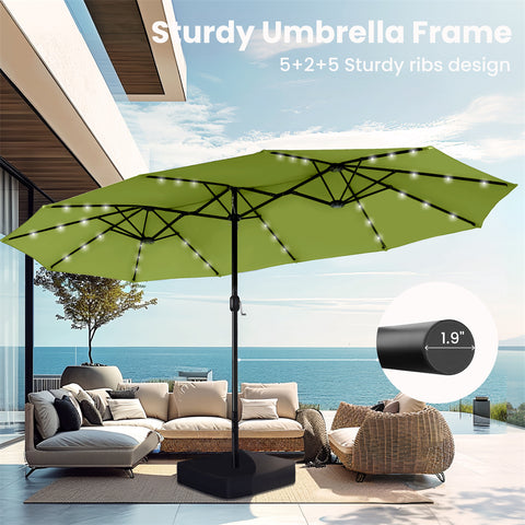 15ft Extra Large Double-Sided Patio Umbrella with Solar Powered LED Lights (Base Included)