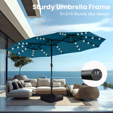15ft Extra Large Double-Sided Patio Umbrella with Solar Powered LED Lights (Base Included)