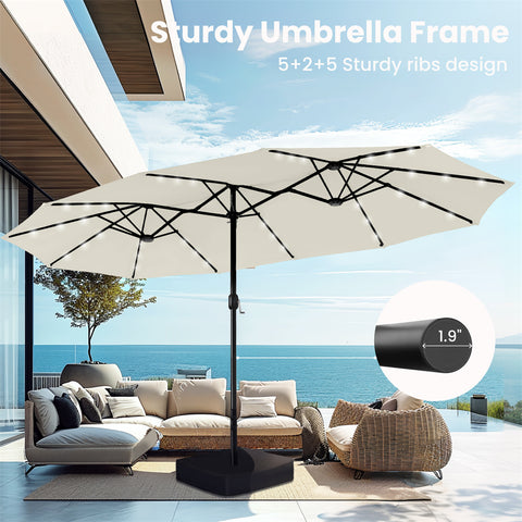 15ft Extra Large Double-Sided Patio Umbrella with Solar Powered LED Lights (Base Included)