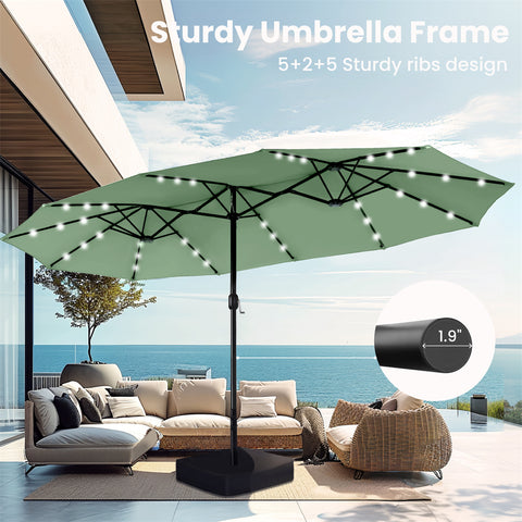 15ft Extra Large Double-Sided Patio Umbrella with Solar Powered LED Lights (Base Included)