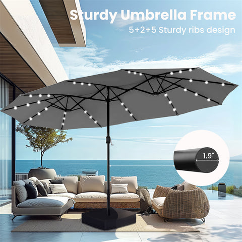 15ft Extra Large Double-Sided Patio Umbrella with Solar Powered LED Lights (Base Included)