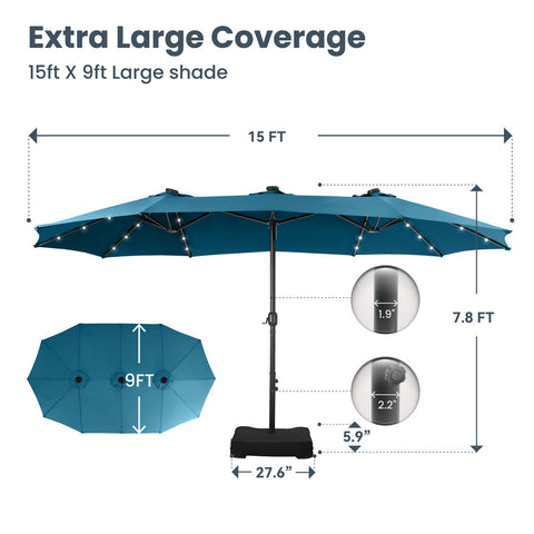 15ft Extra Large Double-Sided Patio Umbrella with Solar Powered LED Lights (Base Included)