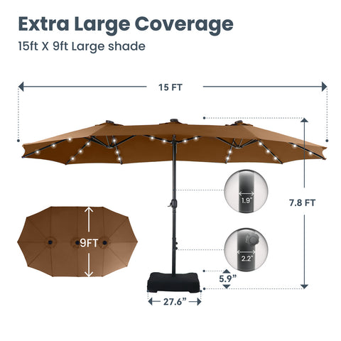 15ft Extra Large Double-Sided Patio Umbrella with Solar Powered LED Lights (Base Included)