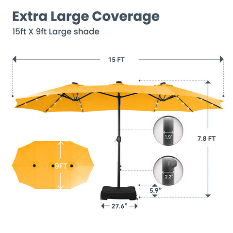 15ft Extra Large Double-Sided Patio Umbrella with Solar Powered LED Lights (Base Included)