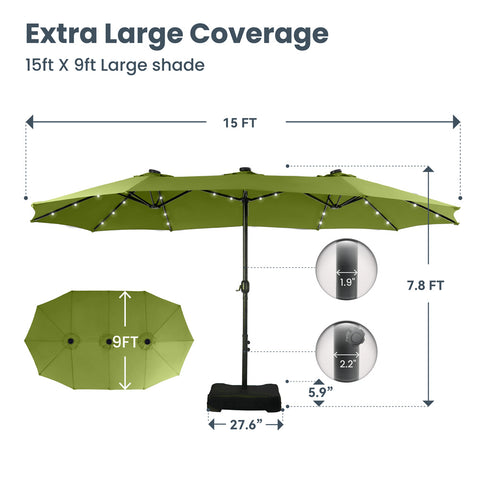 15ft Extra Large Double-Sided Patio Umbrella with Solar Powered LED Lights (Base Included)