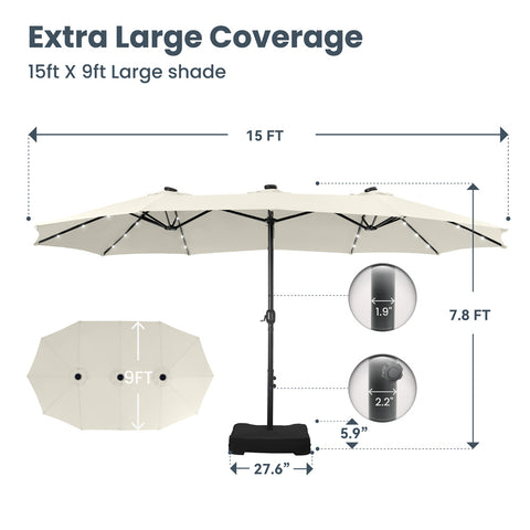 15ft Extra Large Double-Sided Patio Umbrella with Solar Powered LED Lights (Base Included)