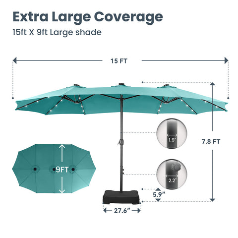 15ft Extra Large Double-Sided Patio Umbrella with Solar Powered LED Lights (Base Included)