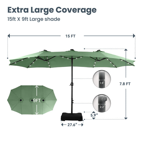15ft Extra Large Double-Sided Patio Umbrella with Solar Powered LED Lights (Base Included)