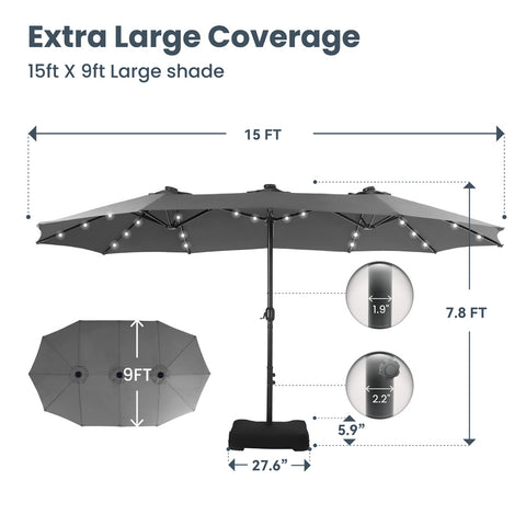 15ft Extra Large Double-Sided Patio Umbrella with Solar Powered LED Lights (Base Included)