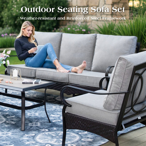 5-Seat Thick Cushion Steel-Rattan Patio Conversation Sofa Set with Coffee Table