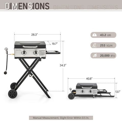 2-in-1 Portable Gas Griddle with Foldable Cart for Camping & Backyard, 20,000 BTU
