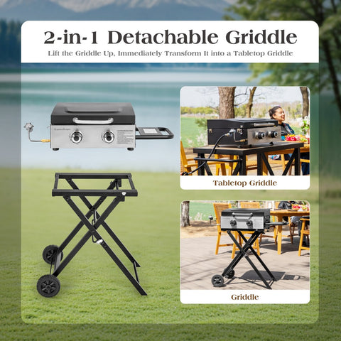 2-in-1 Portable Gas Griddle with Foldable Cart for Camping & Backyard, 20,000 BTU