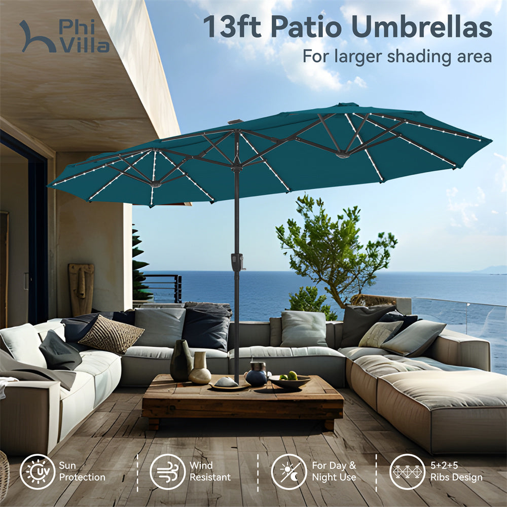 13ft Large Double-Sided Patio Umbrella with Solar Powered LED Lights