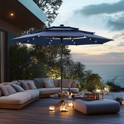 10ft 3 Tier Auto-tilt Patio Umbrella with Solar Powered LED Lights