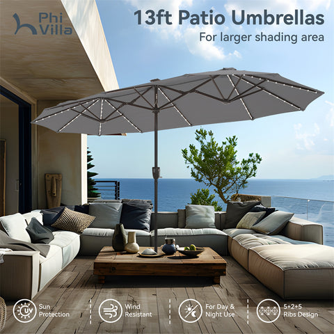 13ft Large Double-Sided Patio Umbrella with Solar Powered LED Lights