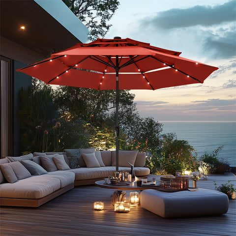 10ft 3 Tier Auto-tilt Patio Umbrella with Solar Powered LED Lights
