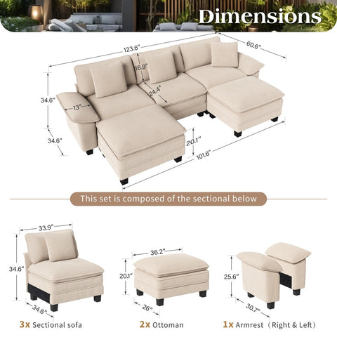 Corduroy Sectional Cloud Sofa with Removable Arms and Ottomans for Living Room